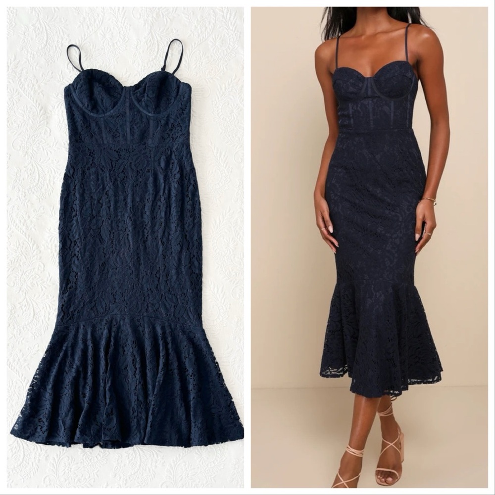 NWOT Lulus Found Your Love Navy Blue Lace Sleeveless Trumpet Midi Dress Medium